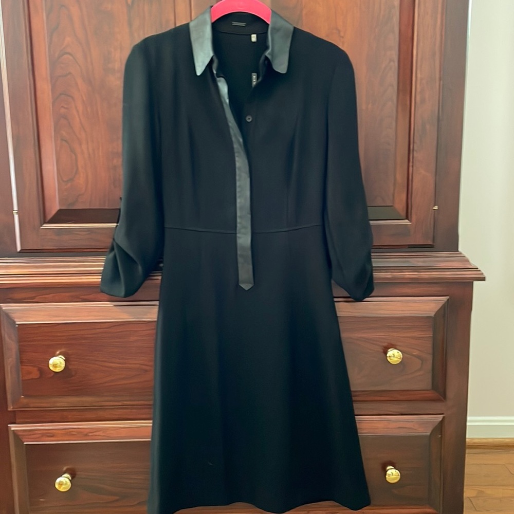 Elie Tahari black 3/4 sleeve collared dress with leather trim size 0